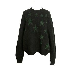 Allsaints Medium Black Green Star Print Wool Alpaca Blend Soft Cozy Swester